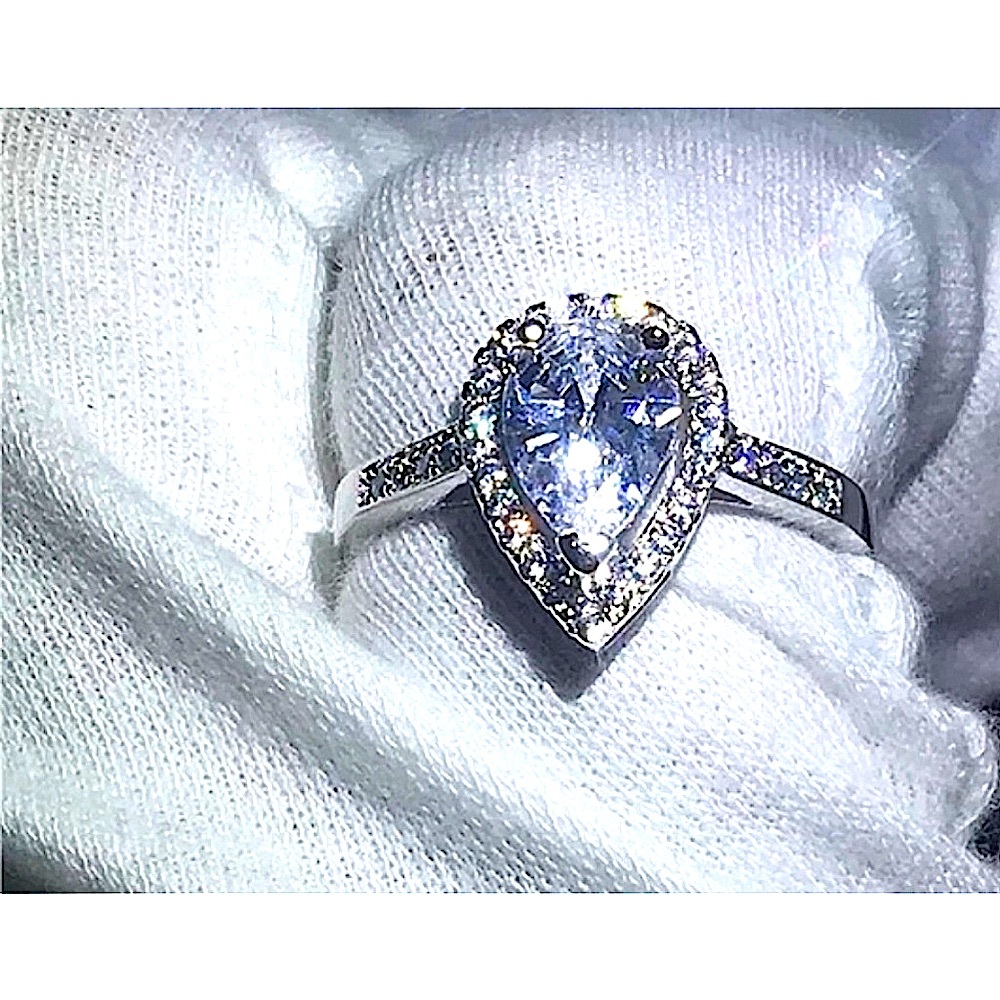 3ct Pear Halo Ring | Rhodium Plated 925 Sterling‎ Silver